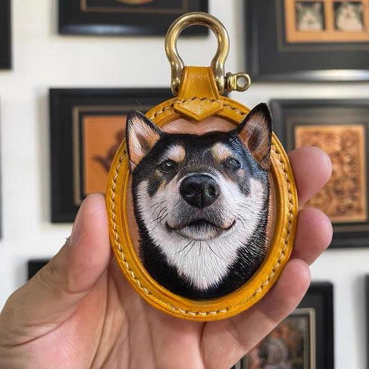 Custom Leather Pet Portrait Keychain - Oval