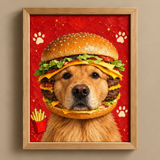 A framed pet portrait print featuring a golden retriever dog wearing a large hamburger with lettuce, cheese, and patties, set against a textured red background with white paw prints and a small red french fries cup. The artwork is enclosed in a light wood frame and hangs on a beige wall.