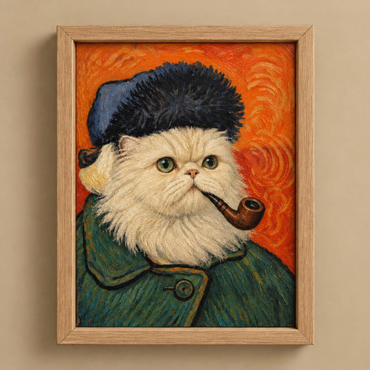 A framed art print featuring a stylized painting of a fluffy white cat dressed in a dark blue fur hat and green coat against a swirling orange background, mounted on a beige wall.