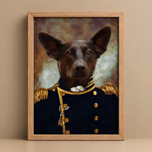 A framed pet portrait painting of a black dog dressed in a navy blue military uniform with gold trim, set against a warm beige background.