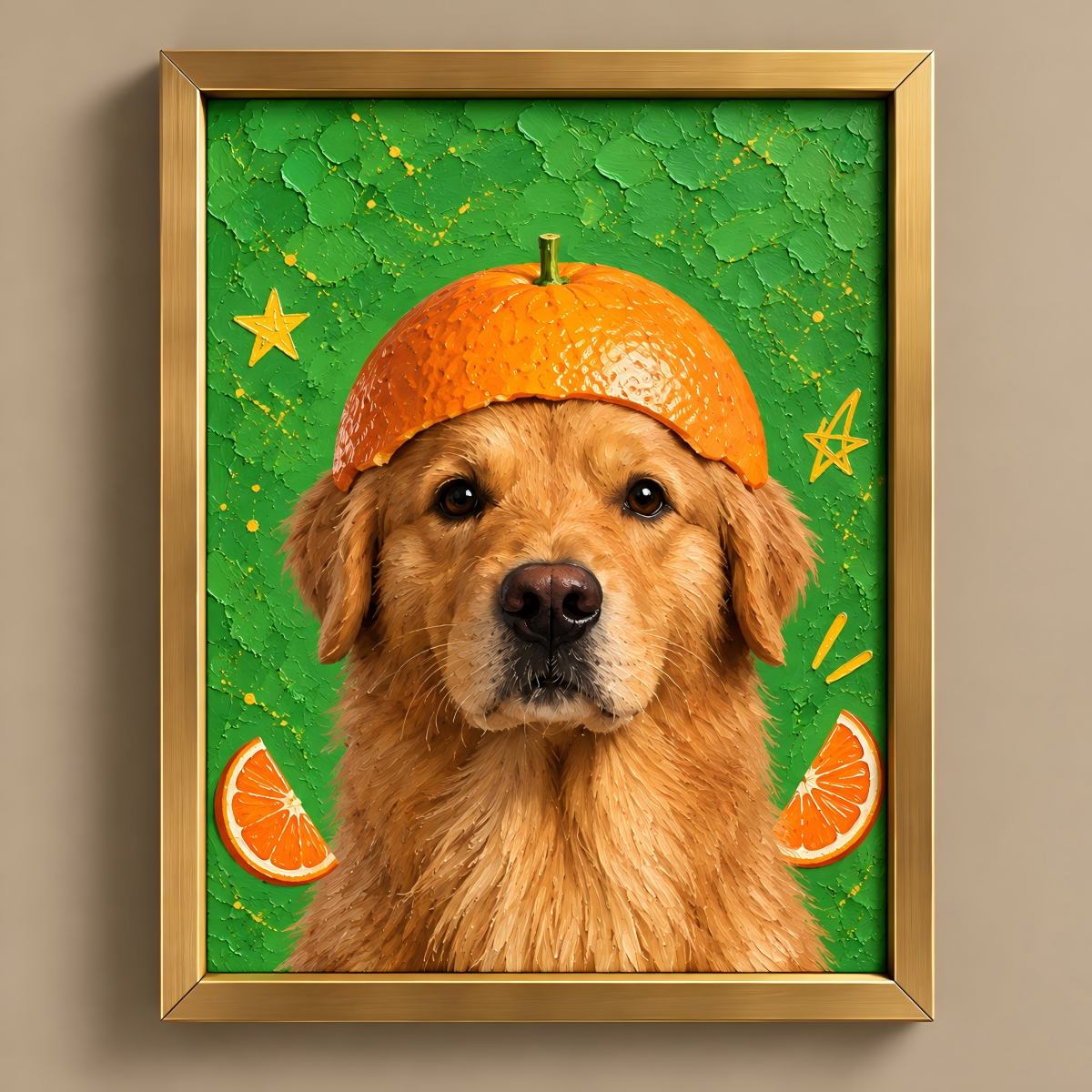 A framed pet portrait featuring a golden retriever with an orange half on its head against a textured green background with orange slices and stars, enclosed in a gold frame.
