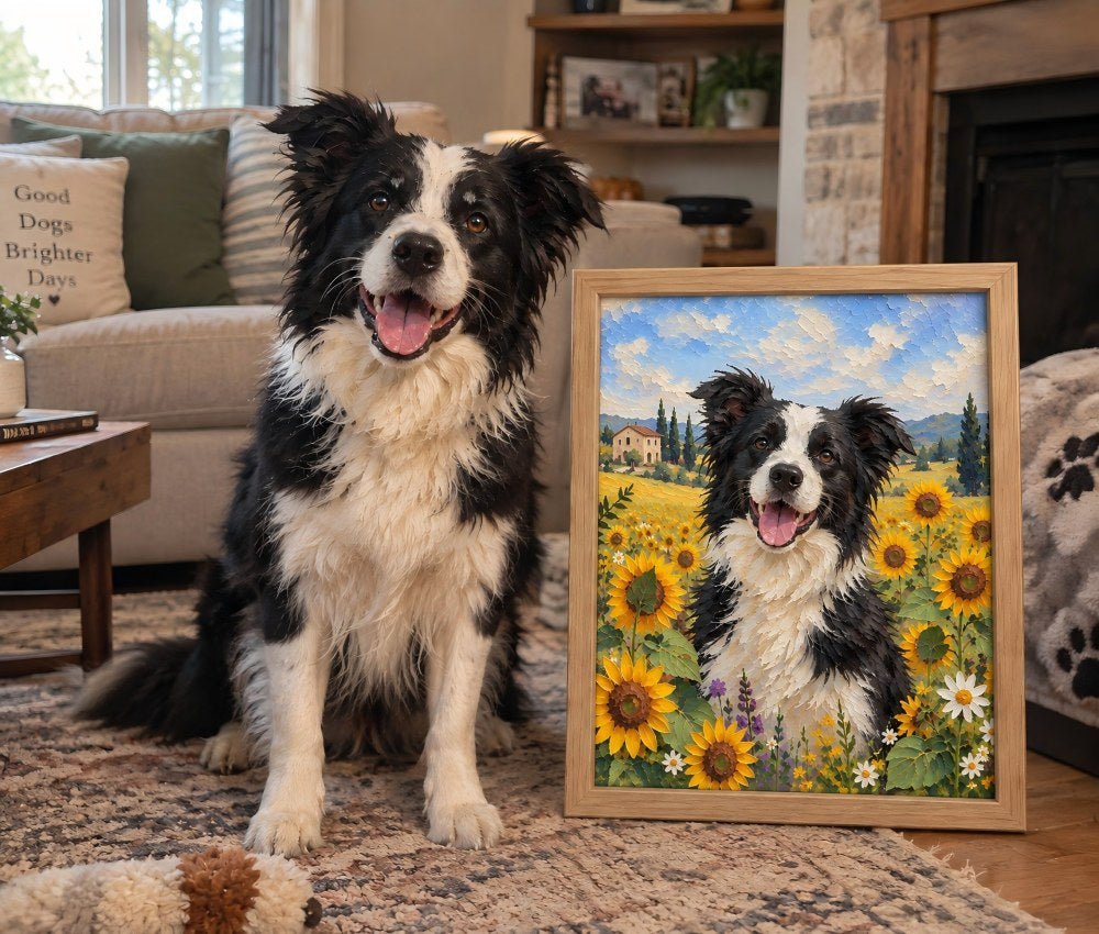 A black and white Border Collie sits on a patterned rug in a cozy living room next to a framed custom pet portrait painting showing the dog in a sunflower field.