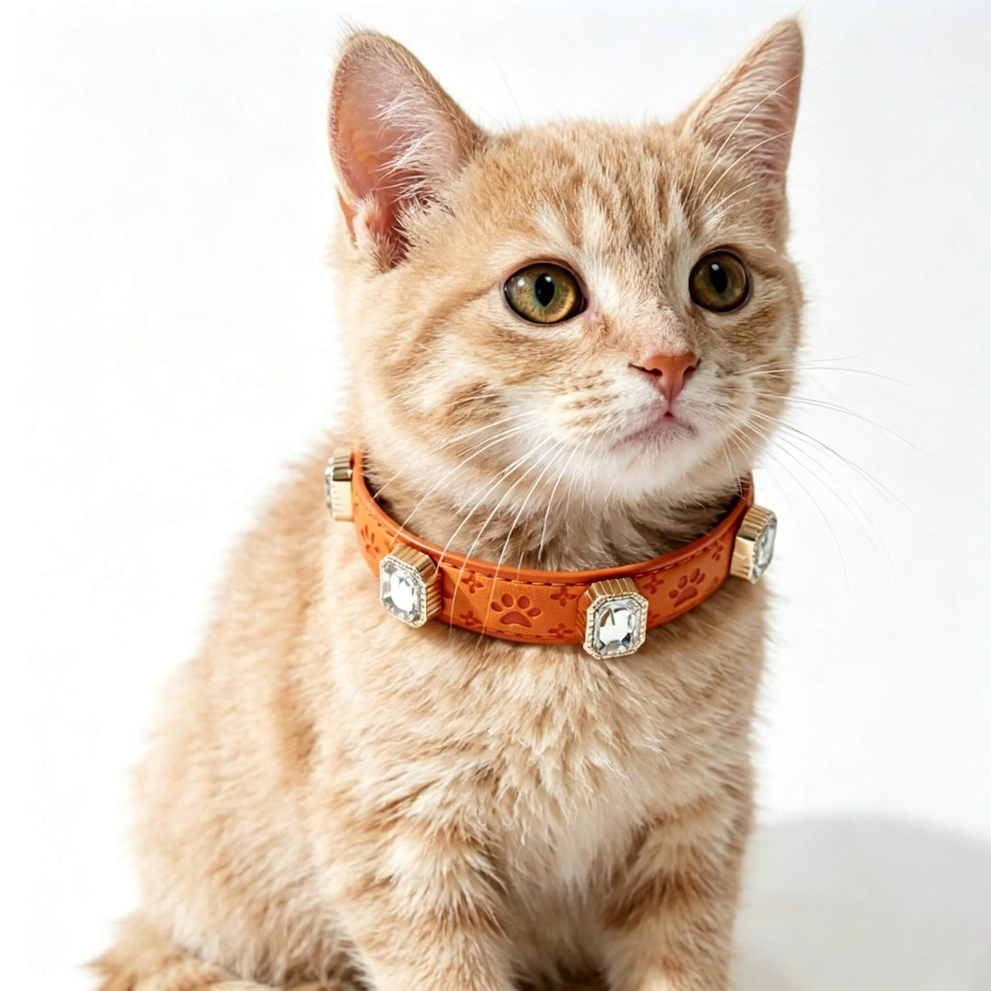 Cat wearing an orange collar with decorative elements on a white background