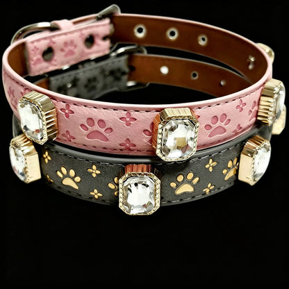 Two dog collars with paw prints and gemstones on a black background