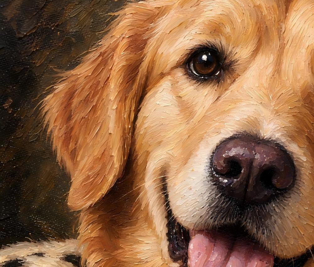 Close-up oil painting of a golden retriever dog's face, showing detailed brushstrokes in the fur, dark brown nose, and dark background.