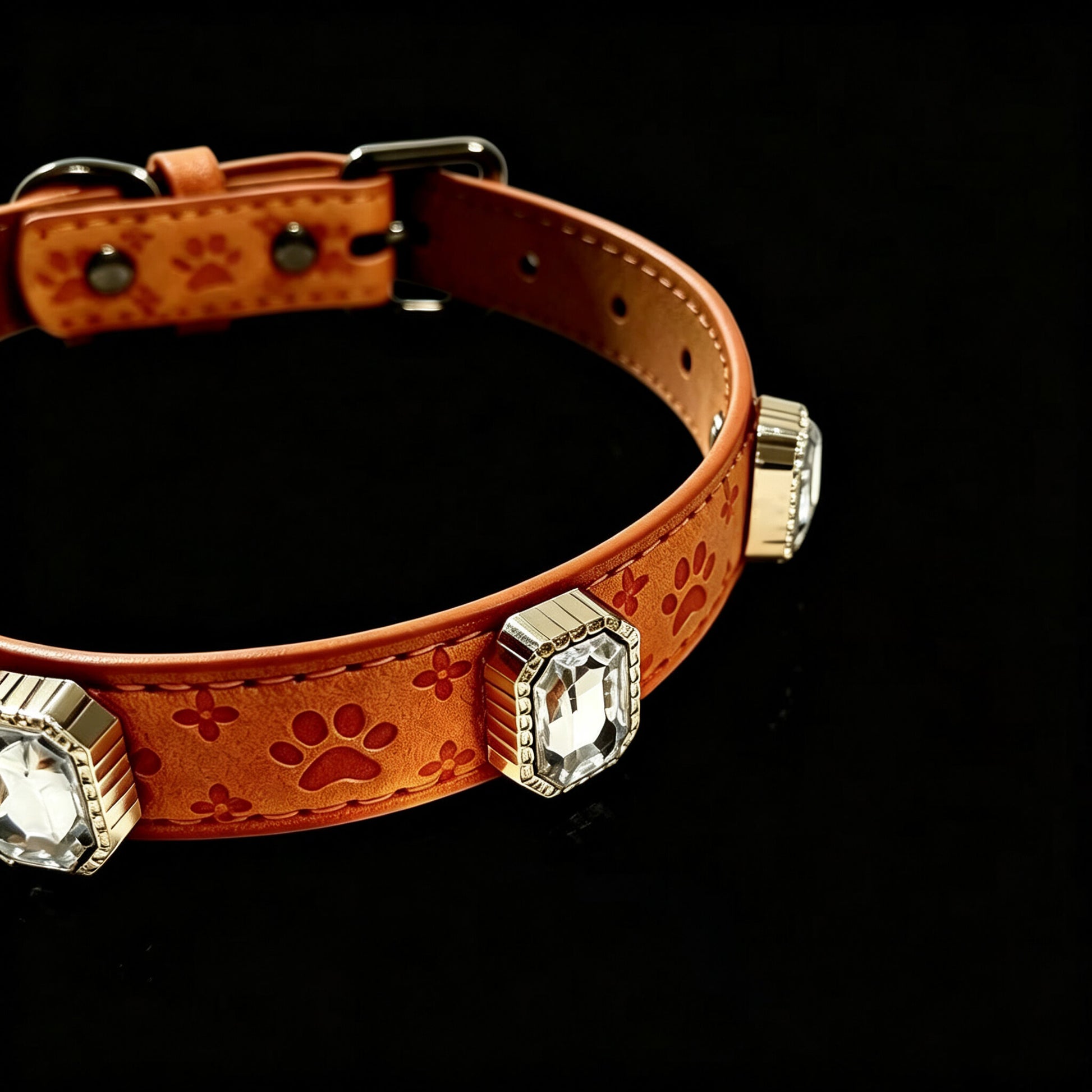 Brown leather dog collar with paw prints and crystal accents on a black background