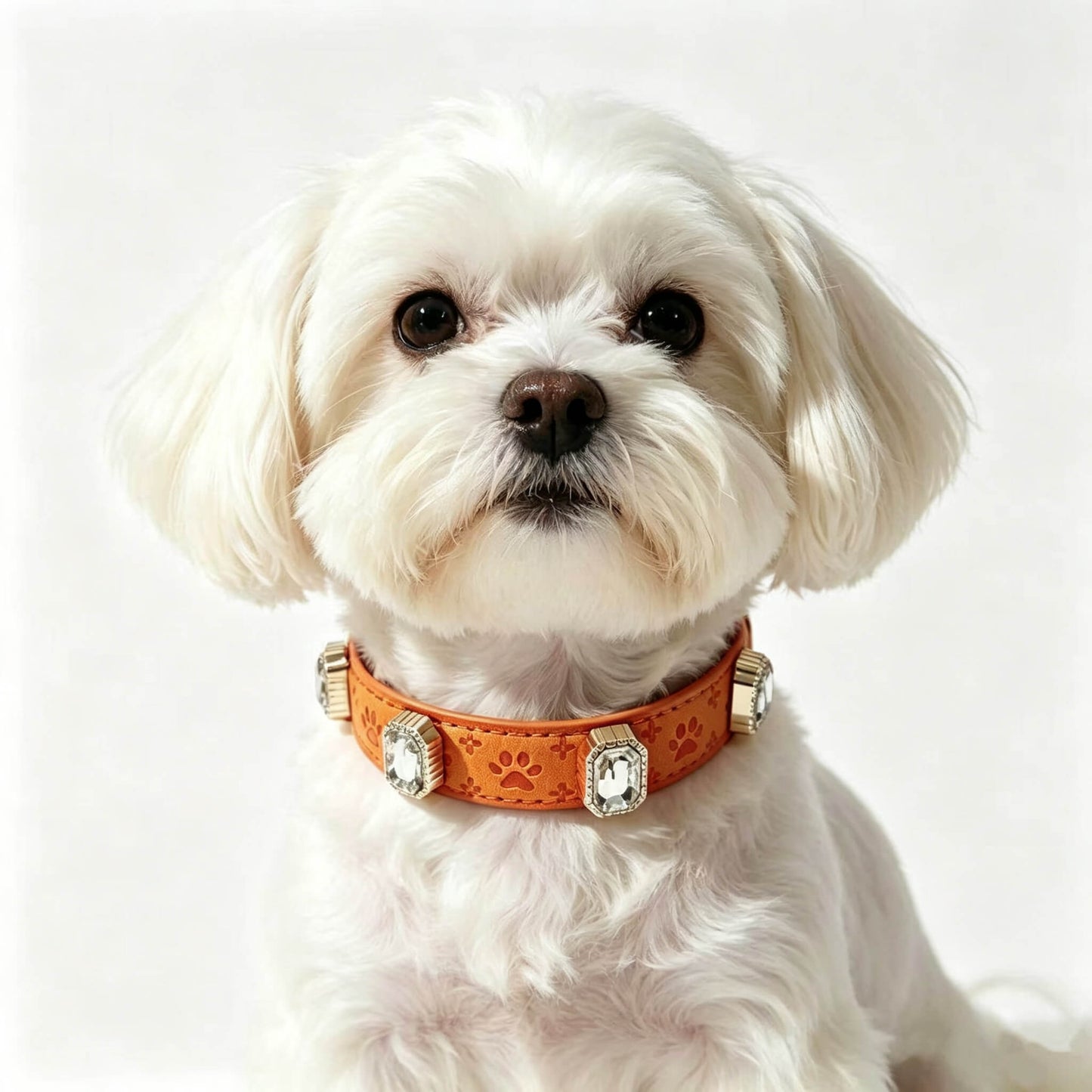 Small white dog wearing an orange collar with decorative elements on a light background