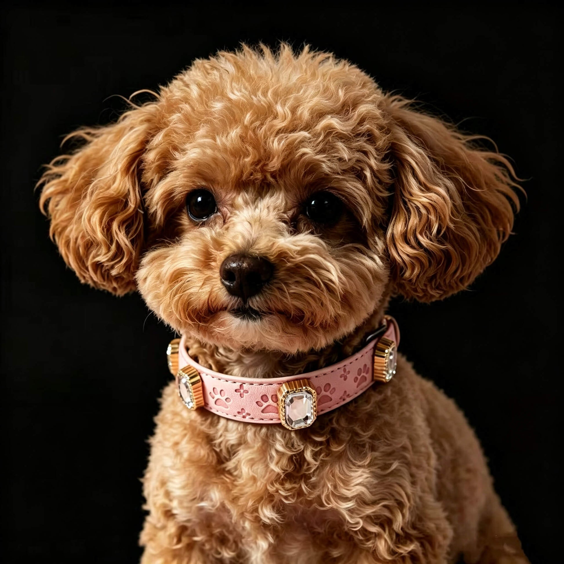 Small brown dog wearing a pink collar with a decorative clasp on a black background