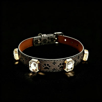 Decorative dog collar with paw prints and gemstones on a black background