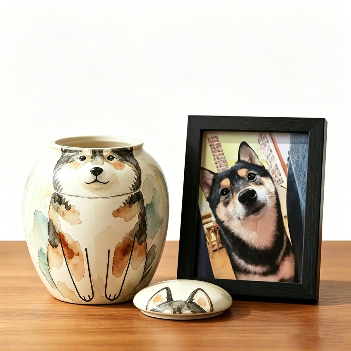 TimoPaw Custom pet ceramic urn with a dog design next to a framed photo of a Shiba Inu on a wooden surface.