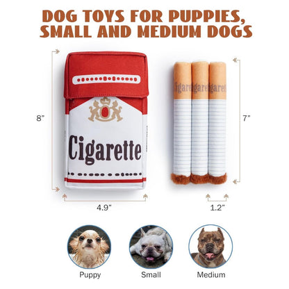 Dog toys designed to look like cigarettes with measurements and size options for puppies, small, and medium dogs.