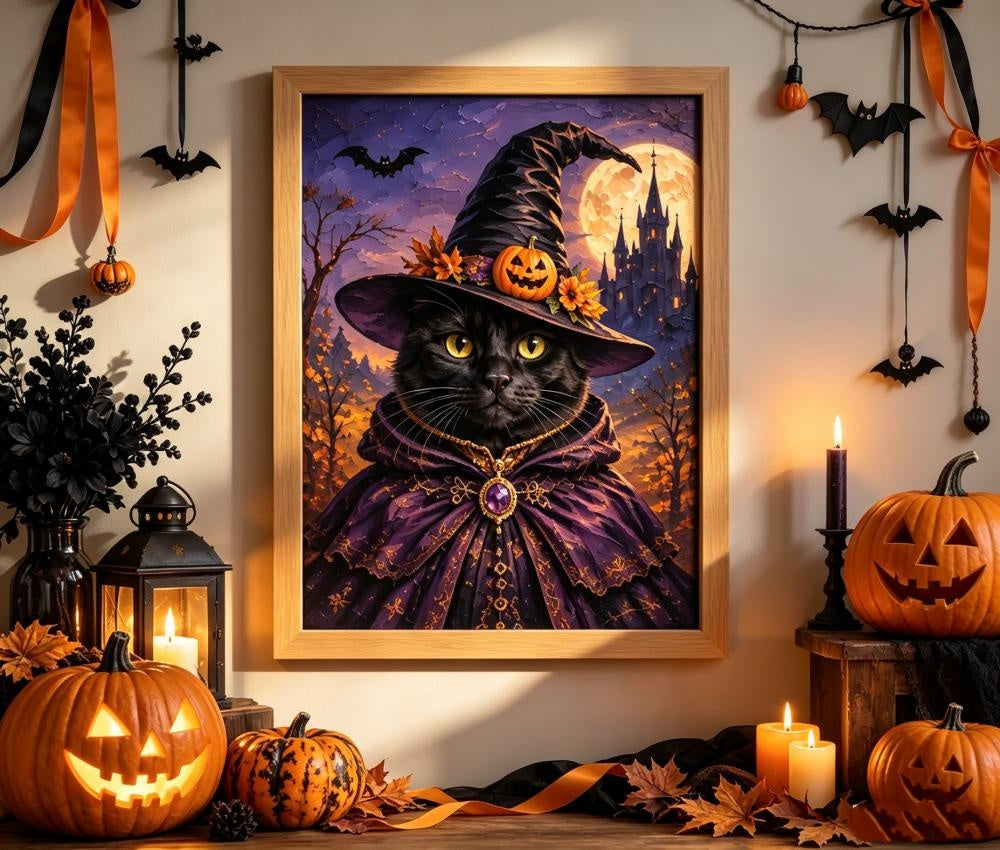 A framed Halloween art print featuring a black cat dressed as a witch with a glowing yellow eye, set against a spooky castle and full moon background. The framed print is displayed on a wall in a decorated room with pumpkins, candles, and black bats.