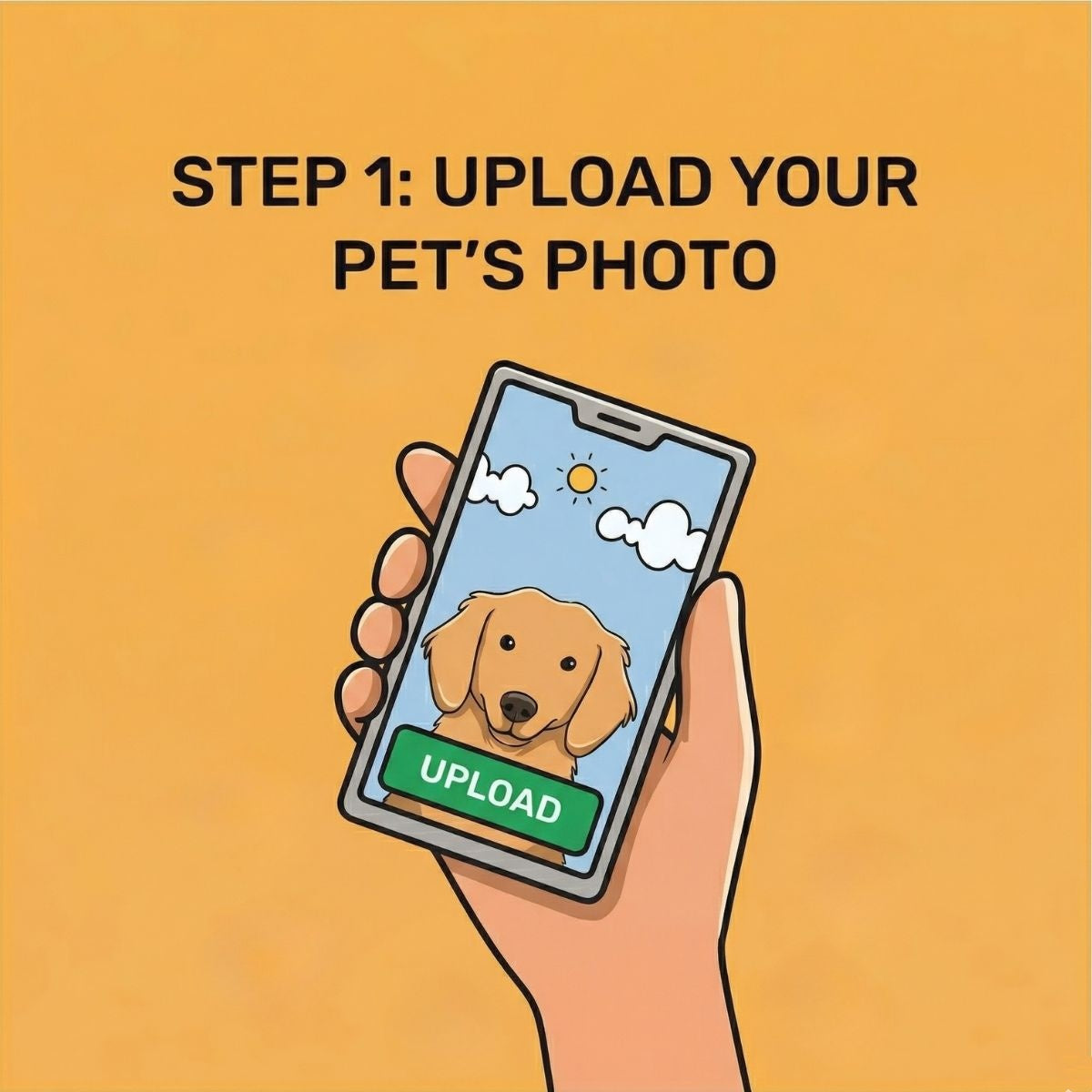 Hand holding a smartphone with a pet photo on the screen against an orange background
