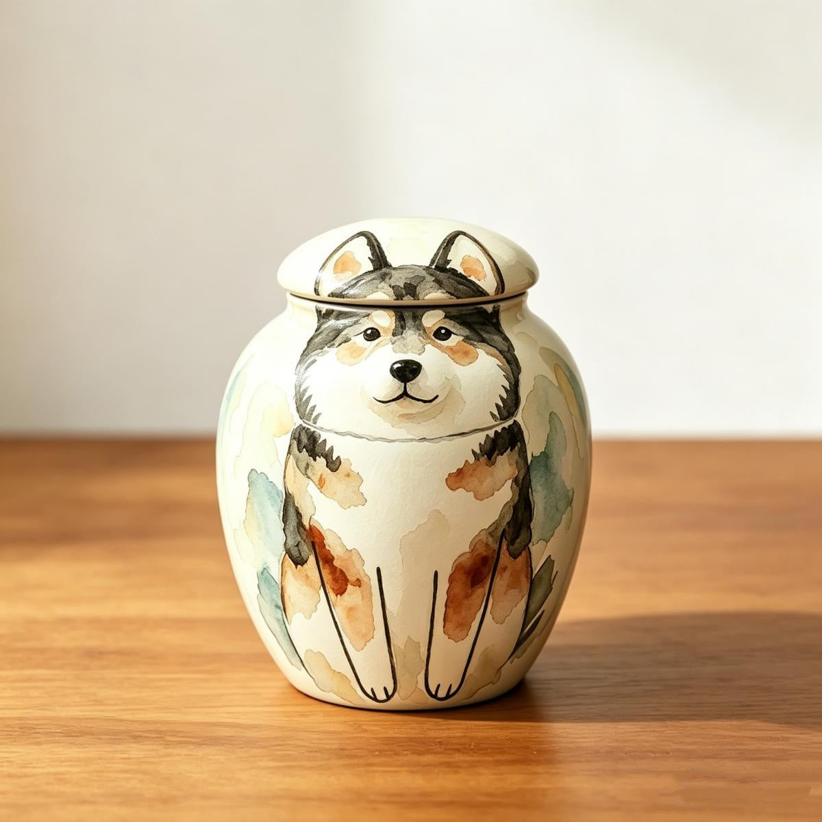 TimoPaw Custom pet ceramic urn with a dog design on a wooden surface