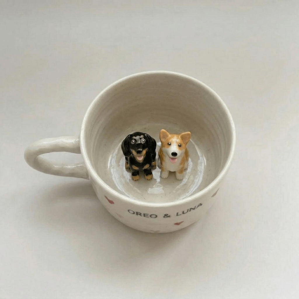 Two dog figurines mug inside a mug labeled 'OREO & LUNA' on a white background
