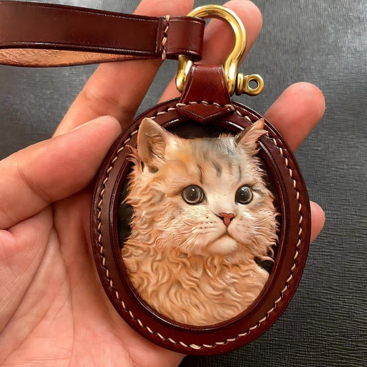 Custom Leather Pet Portrait Keychain - Oval