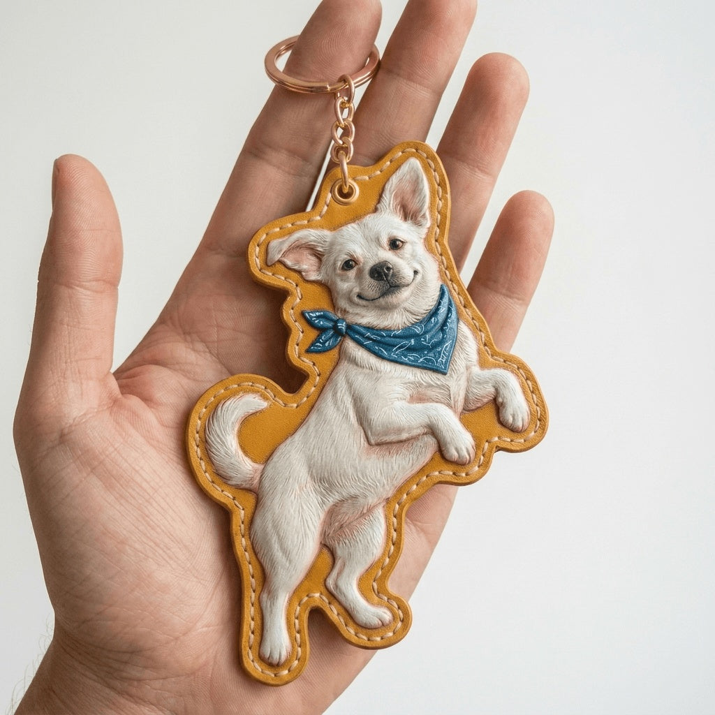 Dog-shaped keychain with a white dog design on a plain background