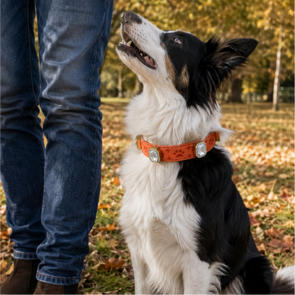 Dog wearing an orange collar with a person's legs in jeans in a park setting