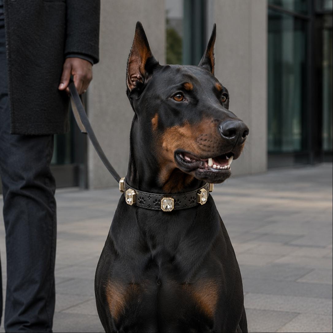 Doberman Pinscher wearing a decorative collar in an urban setting