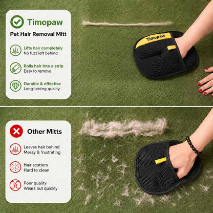 Timopaw pet hair removal mitt being used on a green surface with comparison text on the left.