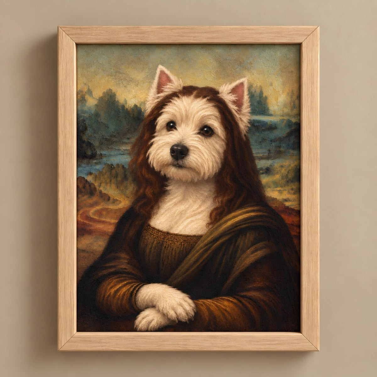 A framed art print featuring a dog portrait in the style of Leonardo da Vinci's Mona Lisa, hung on a neutral beige wall.