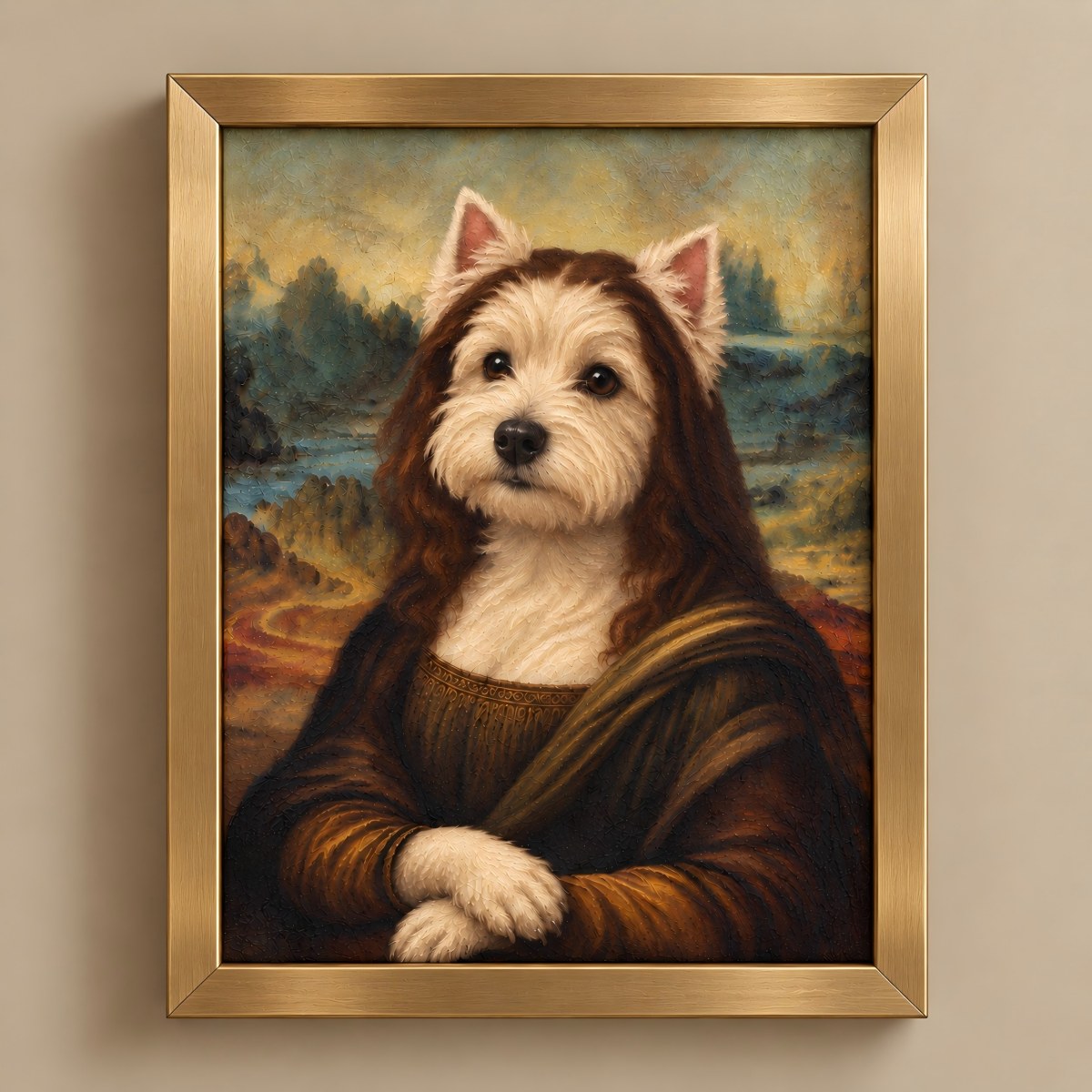 A framed portrait painting of a small white and brown dog styled like the Mona Lisa, with a gold frame on a beige wall.