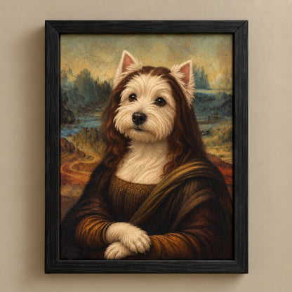 A framed art print featuring a dog portrait in the style of Leonardo da Vinci's Mona Lisa, with the dog wearing a brown robe against a soft landscape background, shown hanging on a beige wall.