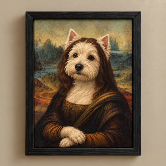 A framed art print featuring a dog portrait in the style of Leonardo da Vinci's Mona Lisa, with the dog wearing a brown robe against a soft landscape background, shown hanging on a beige wall.