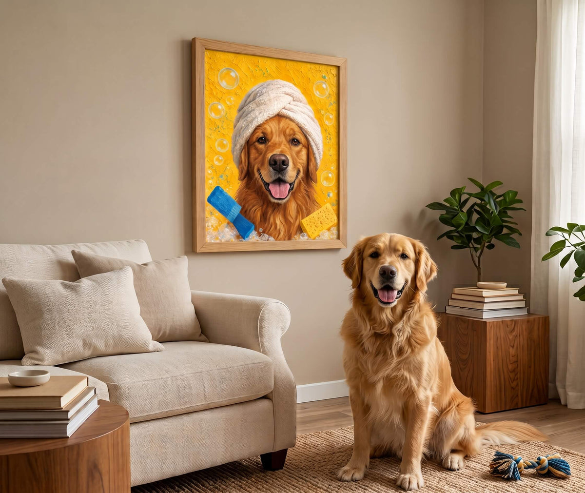 A golden retriever sits on a rug in a living room next to a beige sofa, looking at a framed custom pet portrait hanging on the wall. The portrait shows the dog wearing a white bath towel on its head against a bright yellow background with bath toys.