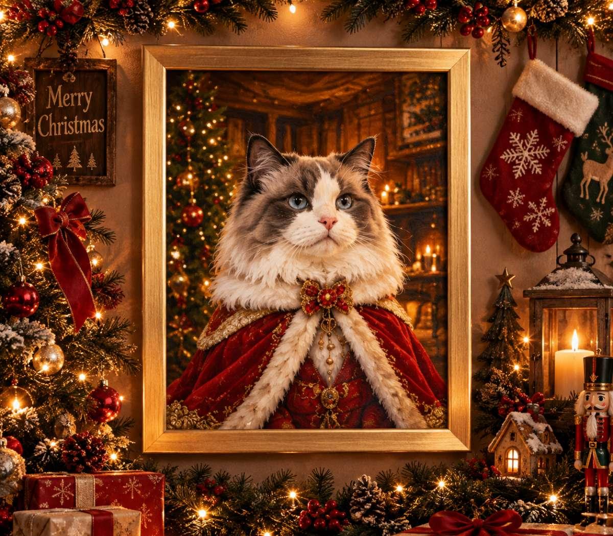 A framed holiday portrait of a fluffy cat dressed in a red velvet robe with white fur trim, displayed on a decorated Christmas wall with lights, stockings, ornaments, and a lantern.