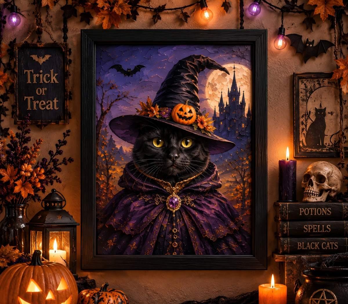 A framed Halloween art print featuring a black cat dressed as a witch with a pointed hat and purple cloak, displayed on a wall in a decorated room with candles, pumpkins, autumn leaves, and spooky wall decor.