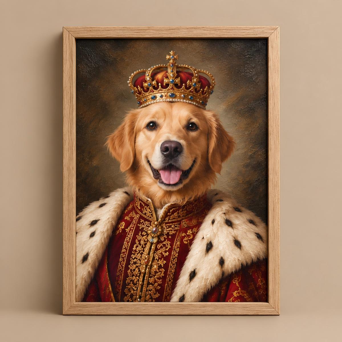 A framed pet portrait print showing a golden retriever dressed as a king, wearing a jeweled crown and a red-and-gold robe with white fur trim, displayed against a warm beige wall.