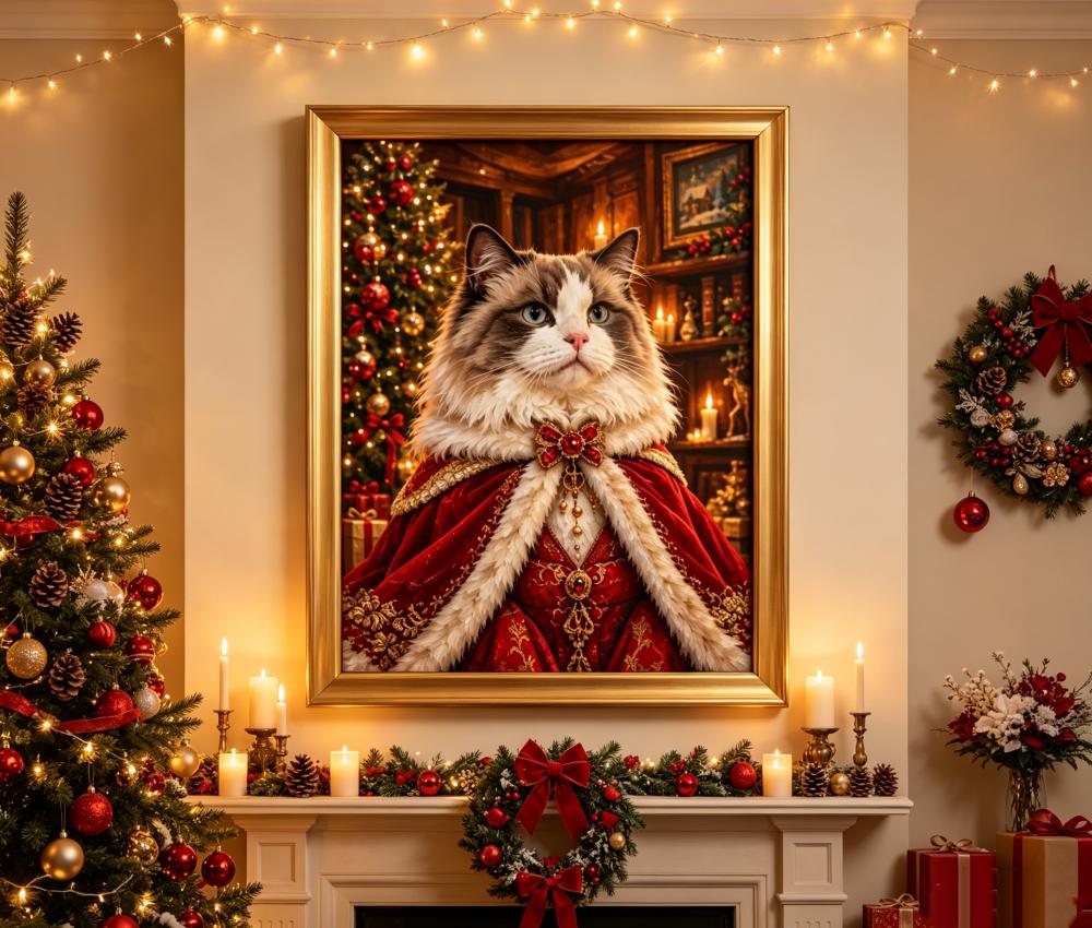 A large framed portrait of a fluffy cat dressed in a red Christmas robe with fur trim, displayed above a decorated fireplace mantel. The room is warmly lit with string lights, candles, a Christmas tree, wreaths, and gift boxes.