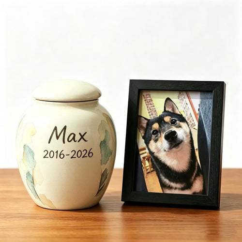 TimoPaw Custom pet ceramic urn with 'Max' and years 2016-2026, next to a framed photo of a dog on a wooden surface.