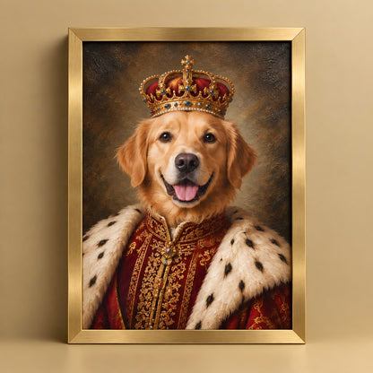 A framed portrait print of a golden retriever dressed as a king, wearing a jeweled crown and a red robe with white fur trim, shown against a warm beige background.