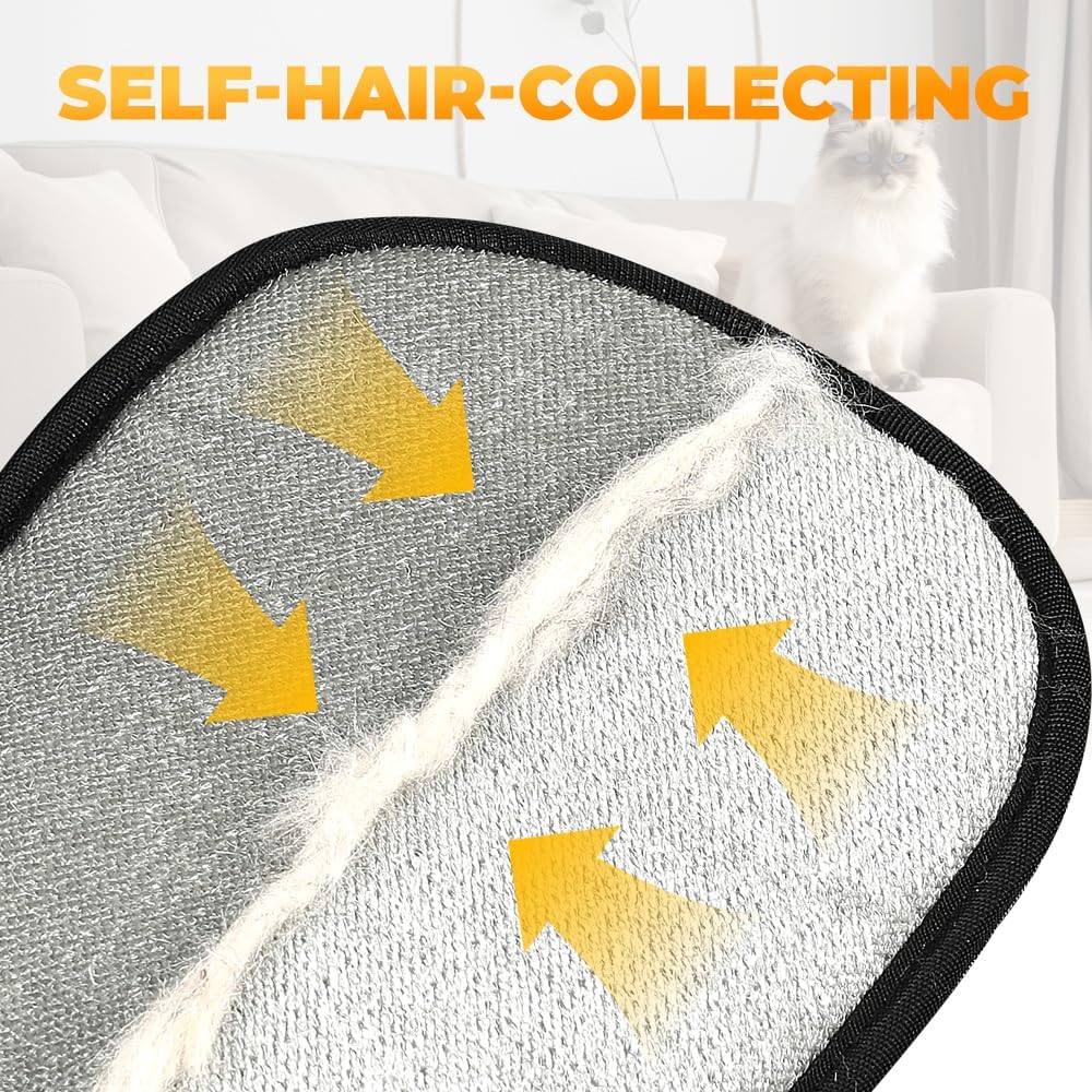 Cat cleaning mat with hair accumulation and arrows indicating direction, labeled 'Self-Hair-Collecting'.