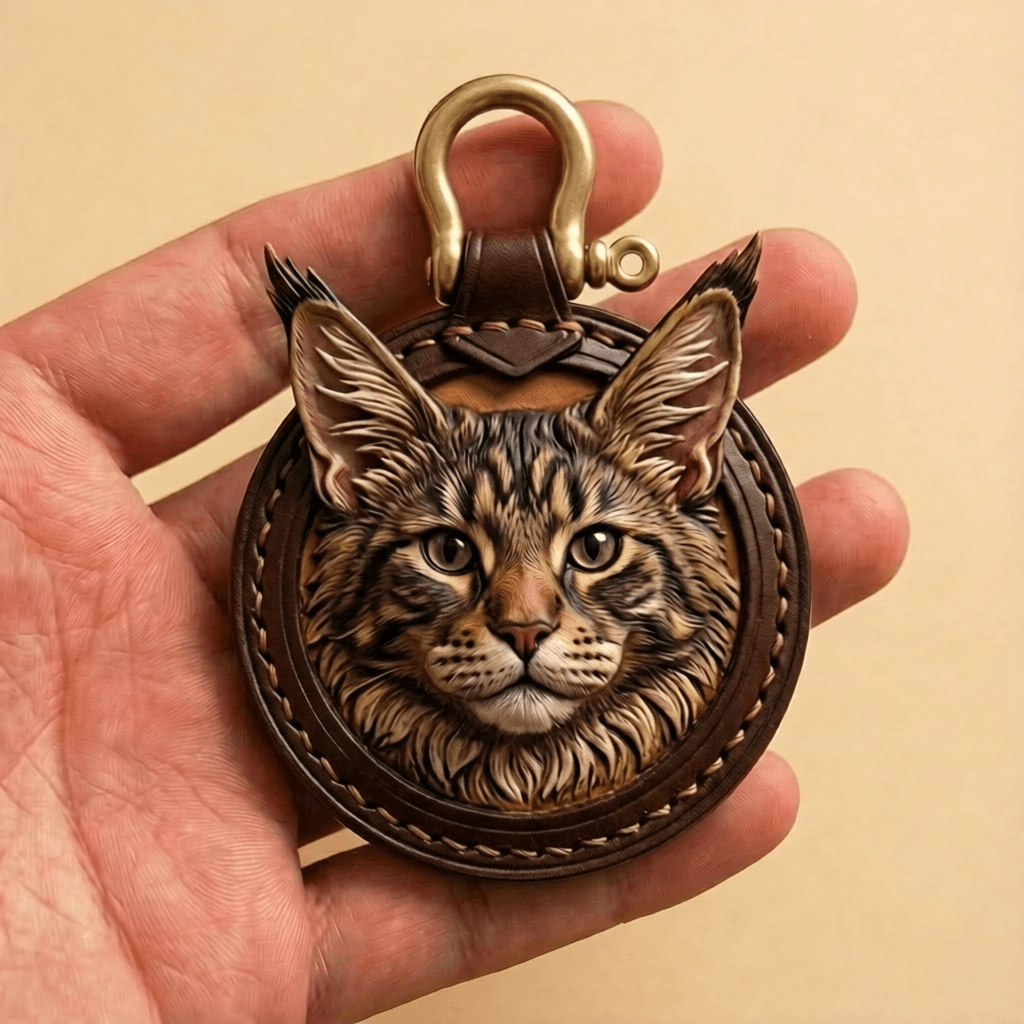 Custom Leather Pet Portrait Keychain with a cat's face design held in a hand against a beige background