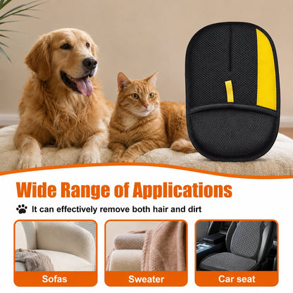 Dog and cat sitting on a couch with a pet hair removal tool, text about wide applications, and examples of use.