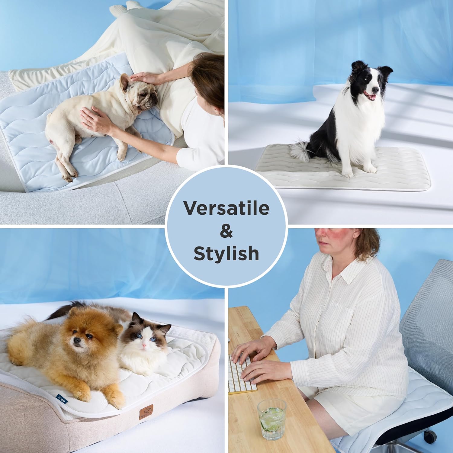 Collage of a pet bed being used by a dog, cat, and person in various settings with the text 'Versatile & Stylish'.