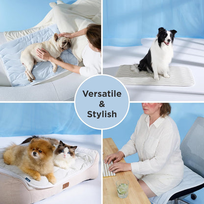 Collage of a pet bed being used by a dog, cat, and person in various settings with the text 'Versatile & Stylish'.