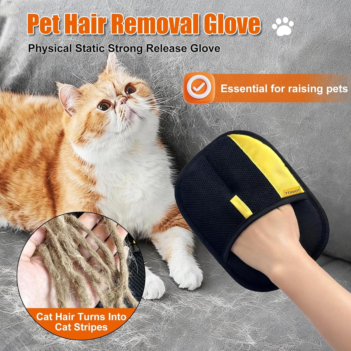 Pet hair removal glove with a cat and close-up of hair removal on a gray surface