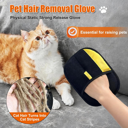 Pet hair removal glove with a cat and close-up of hair removal on a gray surface