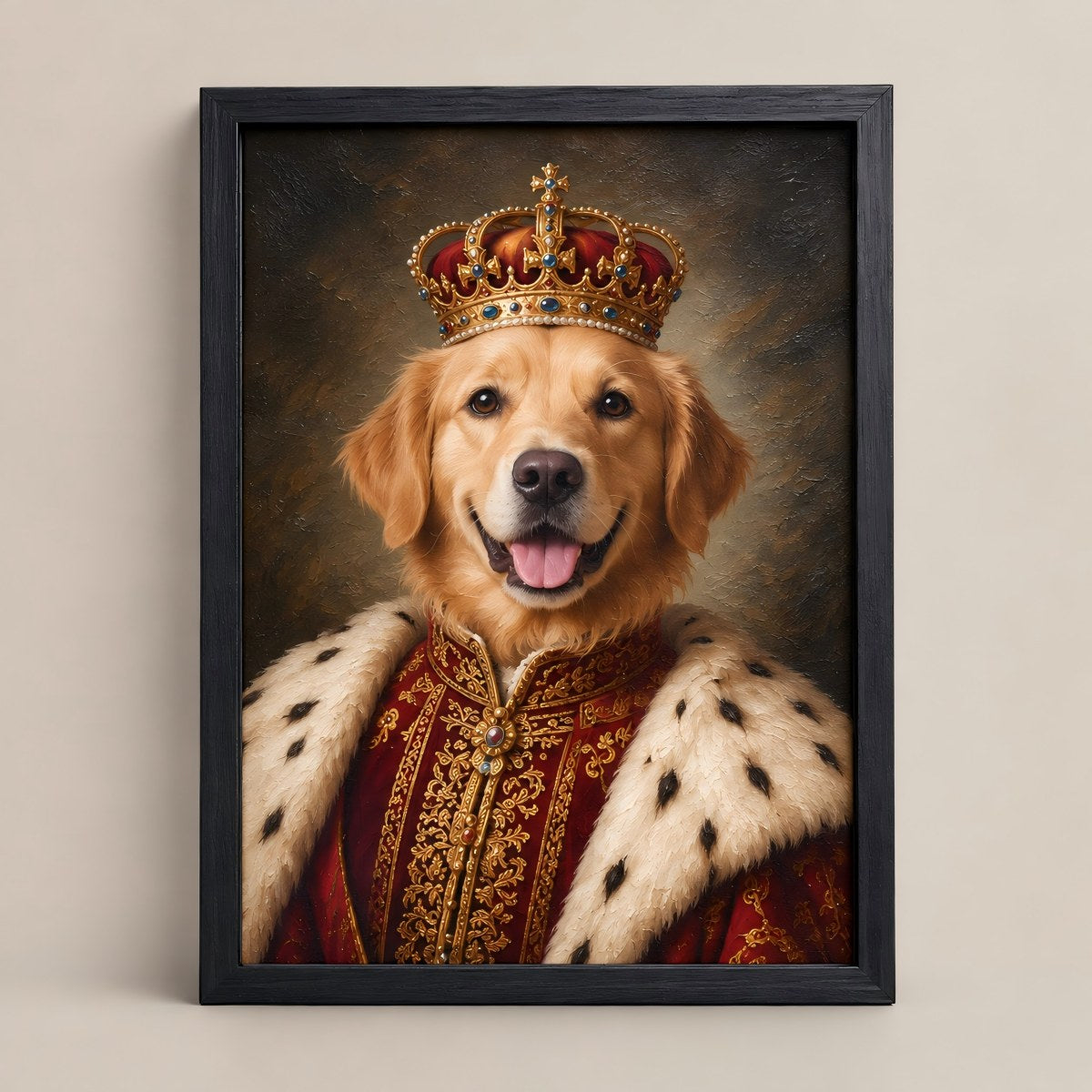 A framed custom pet portrait of a golden retriever dressed as a king, wearing a gold crown and a red royal robe with white fur trim, set in a black frame against a neutral beige wall.