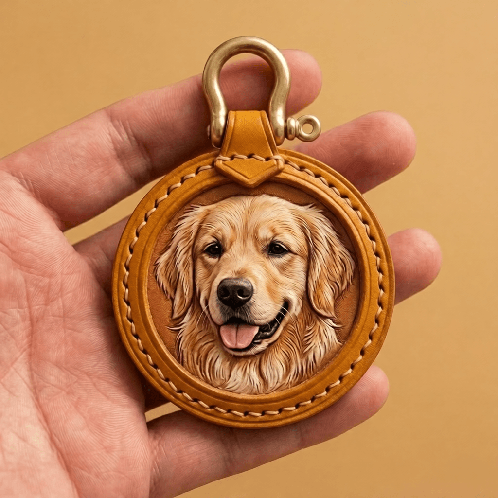 Custom Leather Pet Portrait Keychain with a dog's face design held in a hand against a beige background