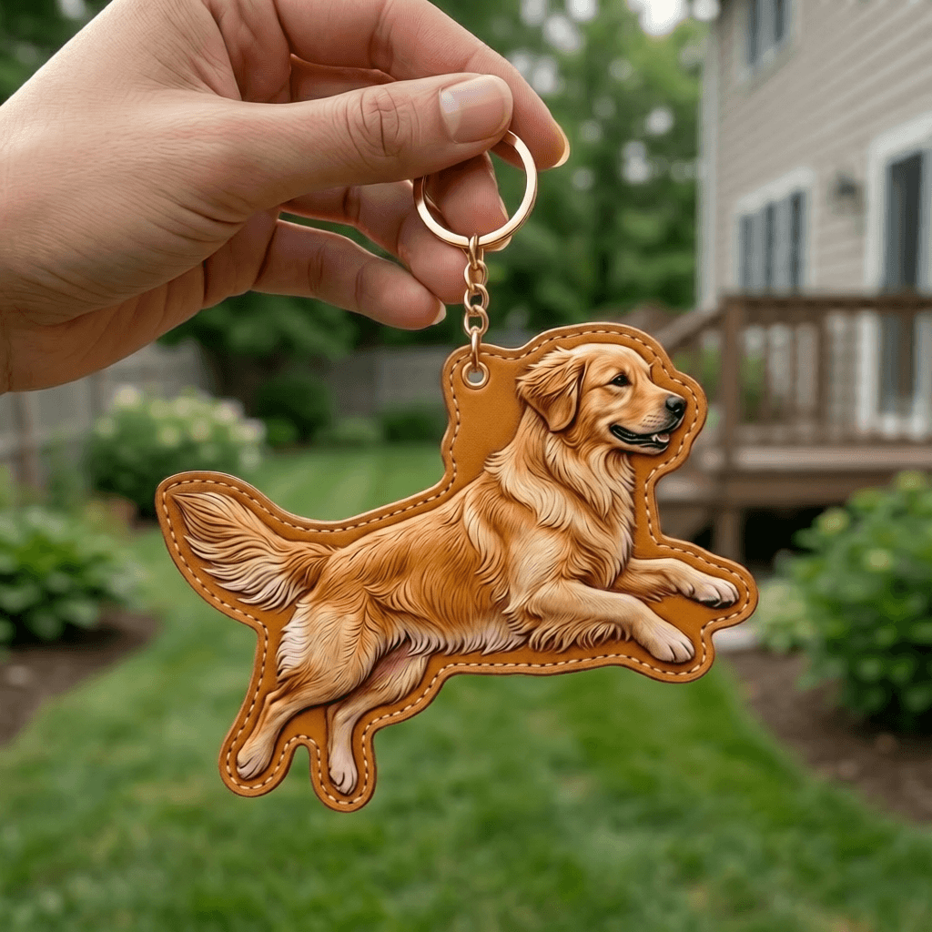 Keychain with a dog design held by a hand outdoors.