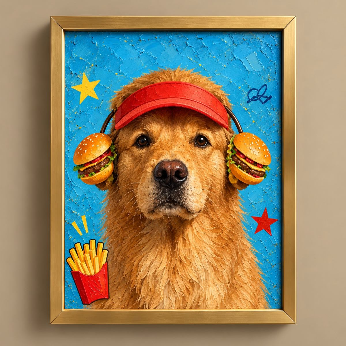 Framed wall art featuring a stylized golden retriever portrait with a red visor, burger-shaped headphones, fries, and stars on a bright blue textured background, shown in a gold frame against a beige wall.