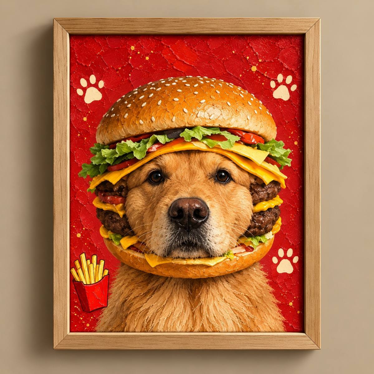 A framed pet portrait print featuring a golden retriever dog wearing a large hamburger with lettuce, cheese, and patties, set against a textured red background with white paw prints and a small red french fries cup. The artwork is enclosed in a light wood frame and hangs on a beige wall.