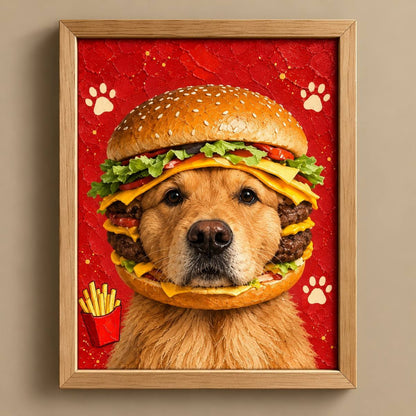 A framed pet portrait print featuring a golden retriever dog wearing a large hamburger with lettuce, cheese, and patties, set against a textured red background with white paw prints and a small red french fries cup. The artwork is enclosed in a light wood frame and hangs on a beige wall.