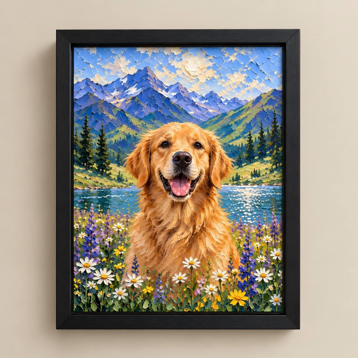 A framed pet portrait painting of a golden retriever in a mountain lake landscape with wildflowers, shown hanging on a beige wall.