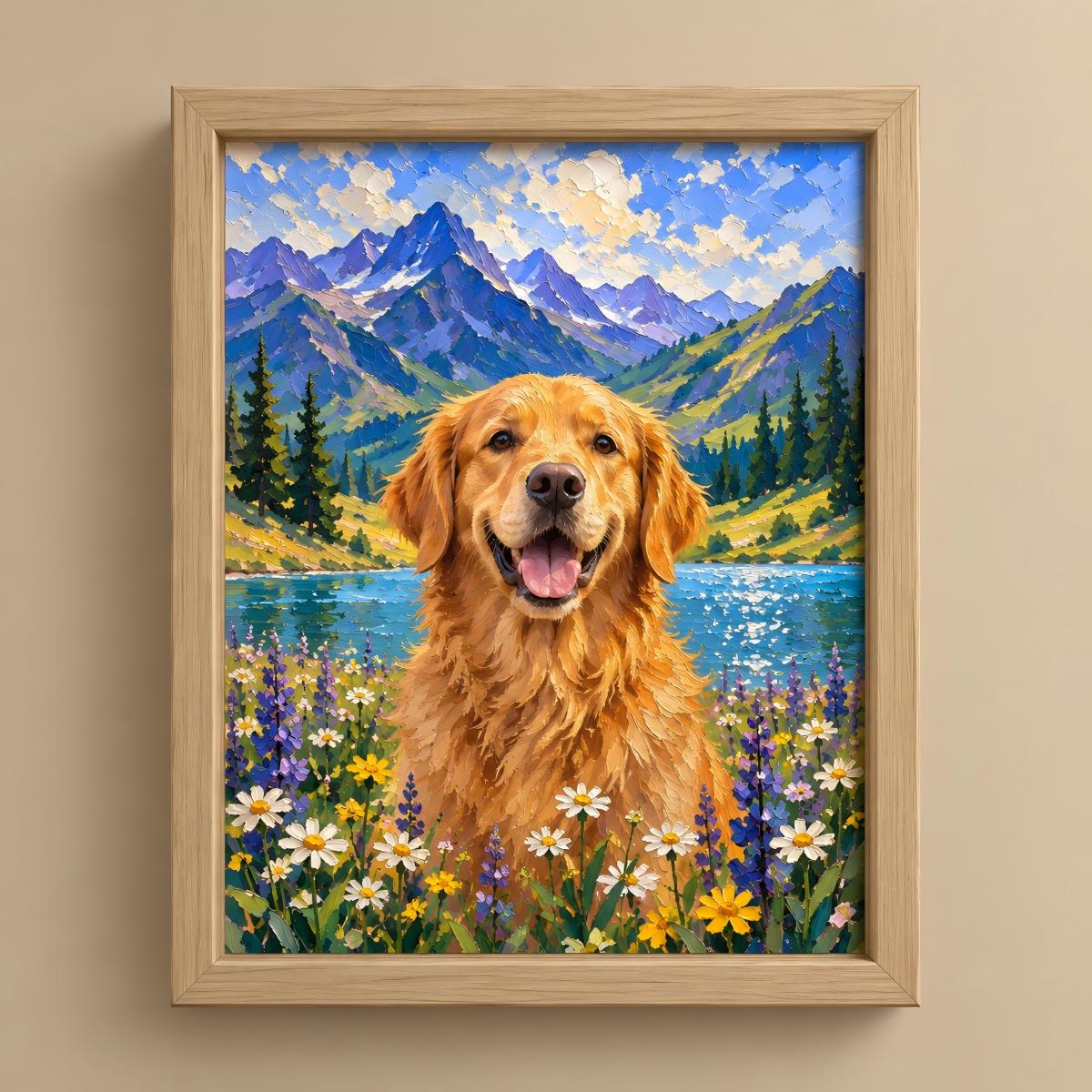A framed canvas painting of a golden retriever dog sitting in a field of wildflowers with a mountain lake landscape in the background, displayed on a beige wall.
